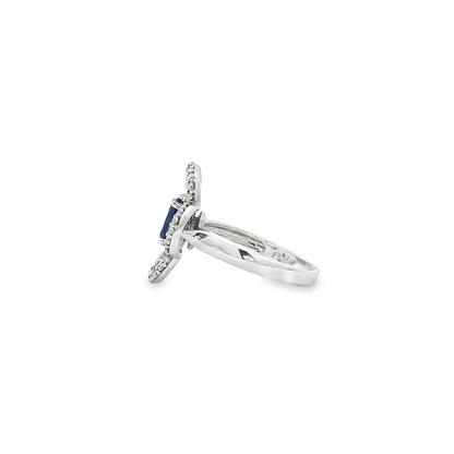 King Jewelers Blue Sapphire Floral Cocktail Ring with Diamonds 18K White Gold