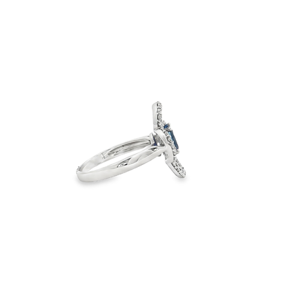 King Jewelers Blue Sapphire Floral Cocktail Ring with Diamonds 18K White Gold