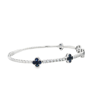 King Jewelers Blue Sapphire Clover and Diamond Bangle Bracelet 14K White Gold