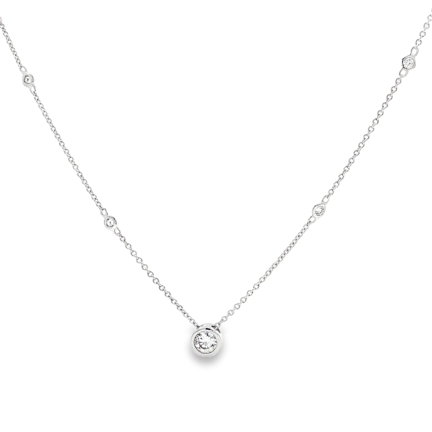 King Jewelers Bezel Diamond Station Pendant Necklace 14K White Gold