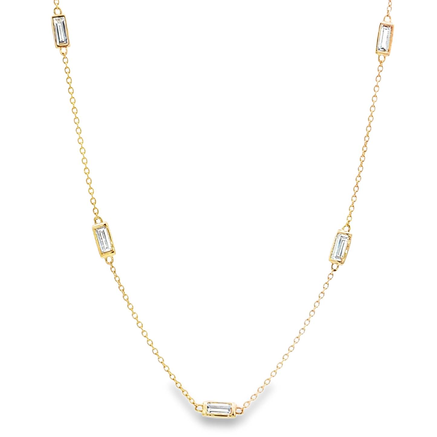 King Jewelers Baguette Diamond Station Necklace 14K Yellow Gold