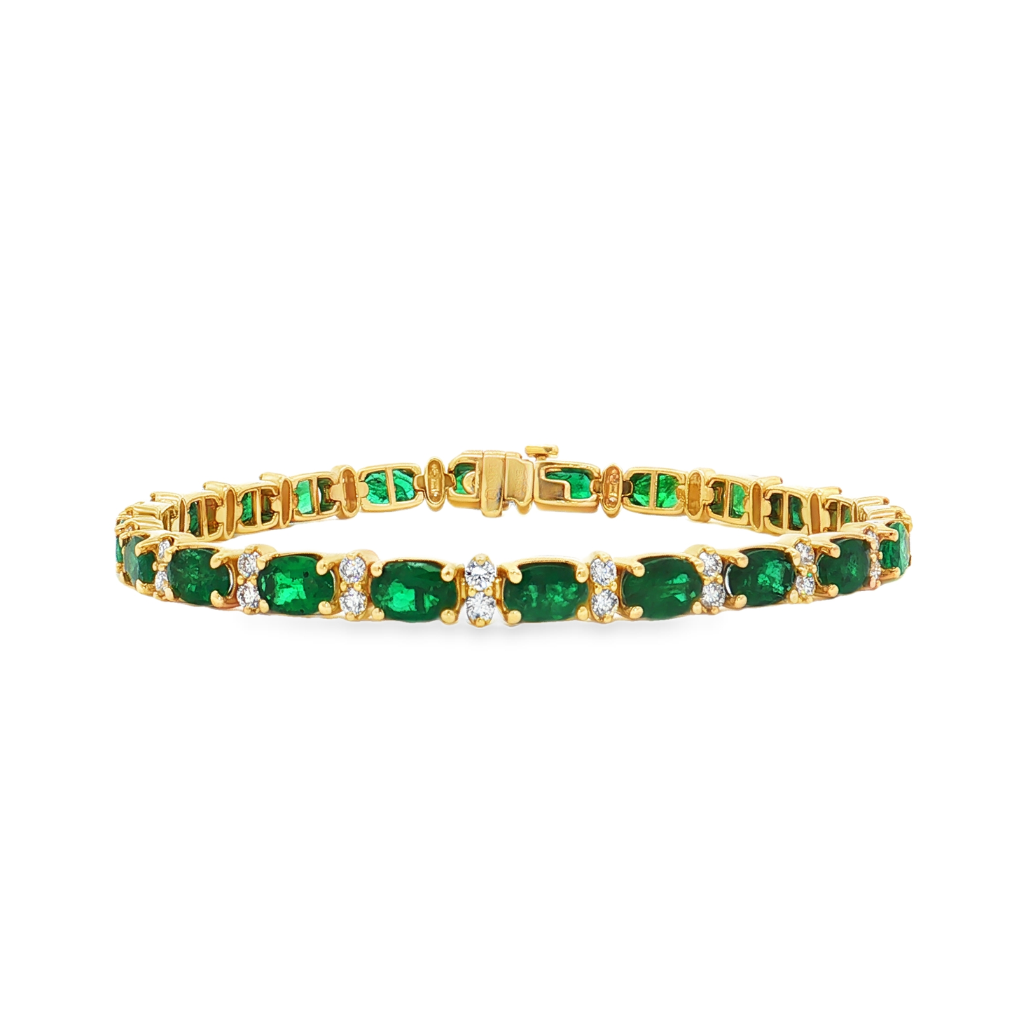 King Jewelers Oval Emerald and Diamond Bracelet 14K Yellow Gold