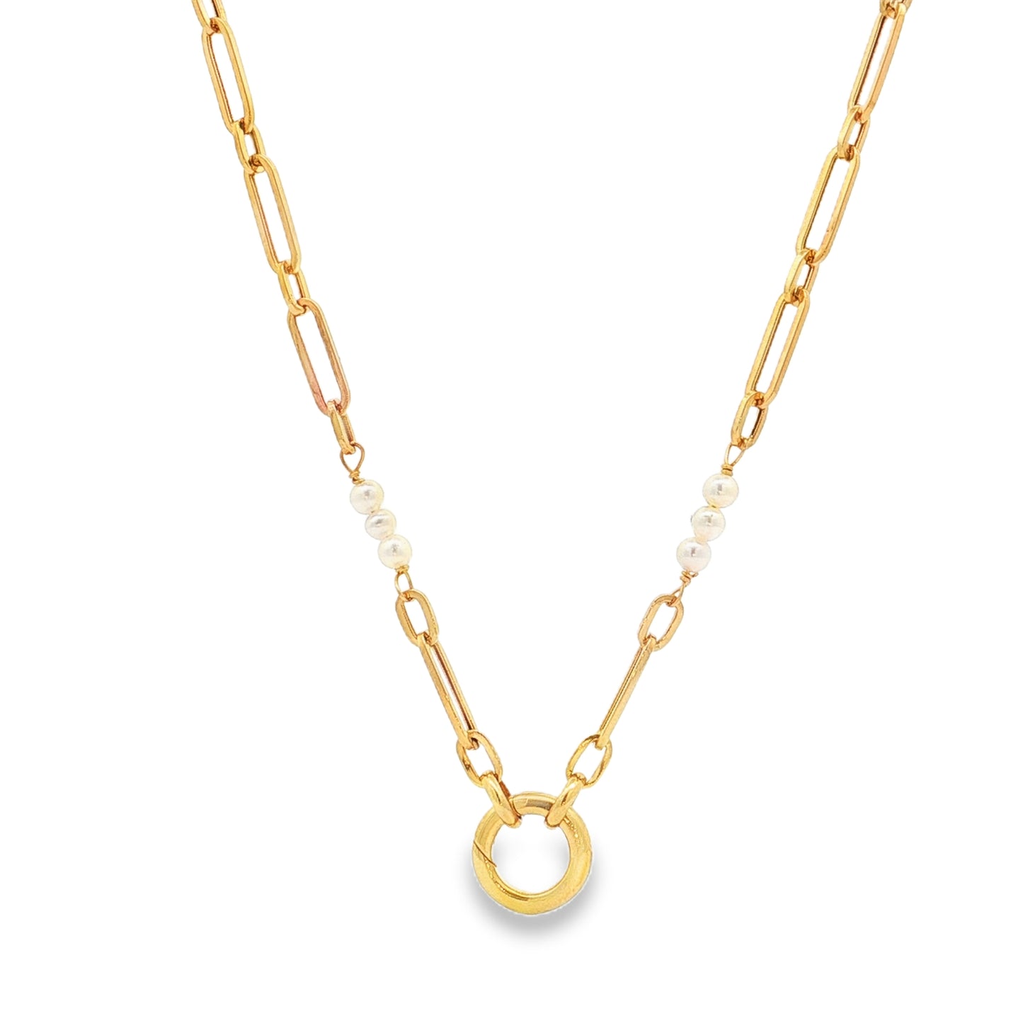 Doves 18-Inch Oval and Pearl Charm Chain Necklace 18K Yellow Gold