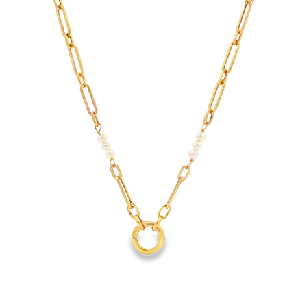 Doves 18-Inch Oval and Pearl Charm Chain Necklace 18K Yellow Gold