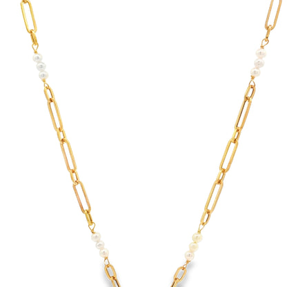 Doves 18-Inch Oval and Pearl Charm Chain Necklace 18K Yellow Gold