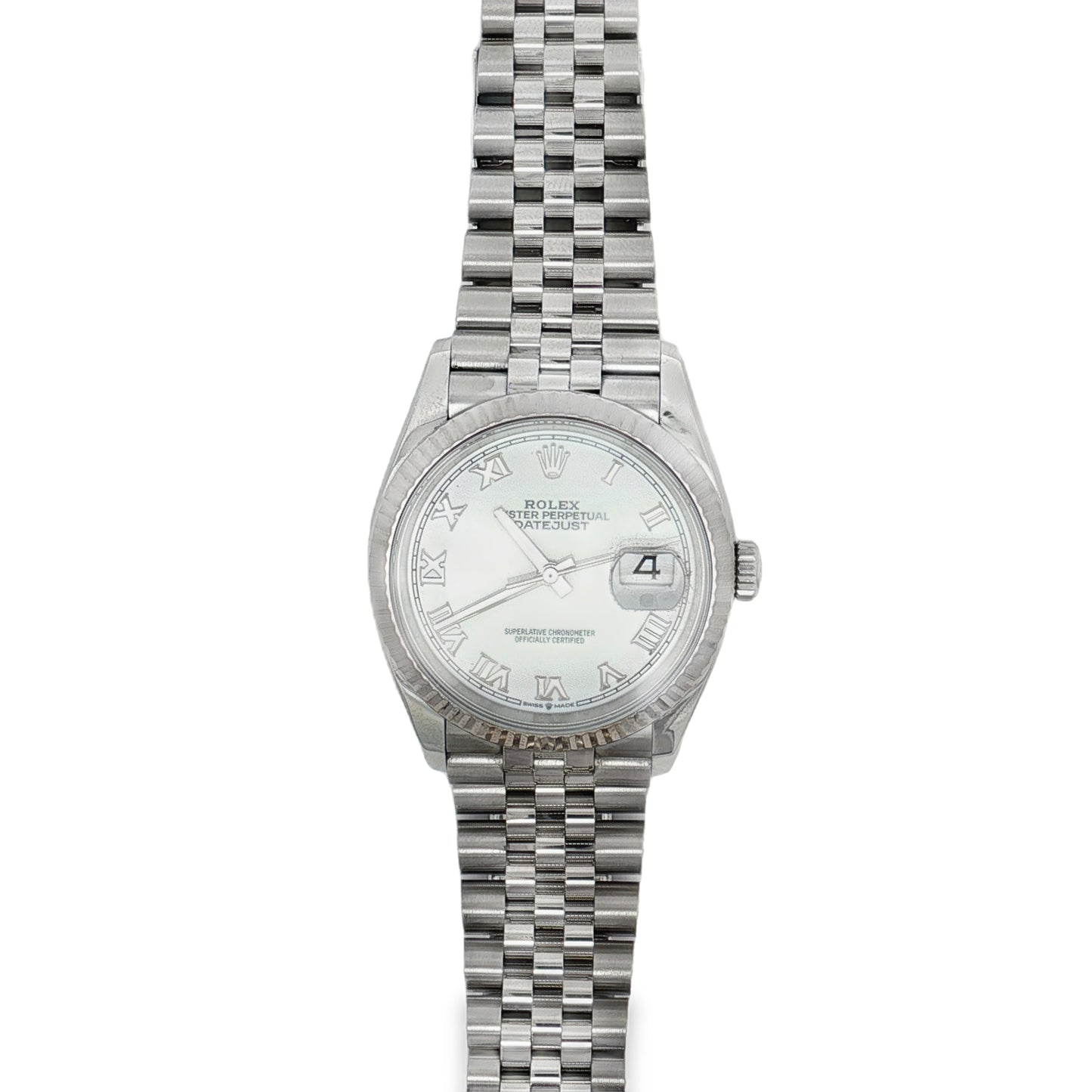 Pre Owned Rolex Datejust 36 White Roman Dial 126234 Fluted Bezel
