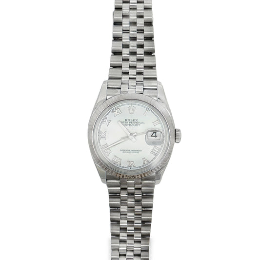 Pre Owned Rolex Datejust 36 White Roman Dial 126234 Fluted Bezel