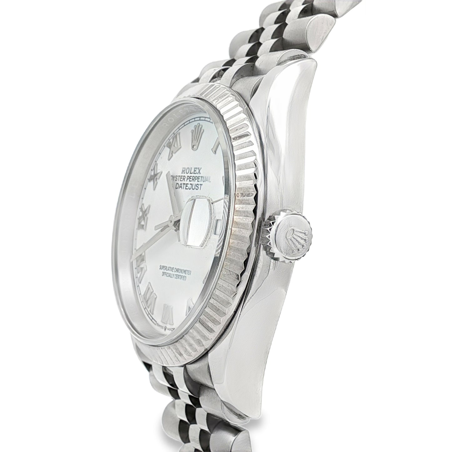 Pre Owned Rolex Datejust 36 White Roman Dial 126234 Fluted Bezel