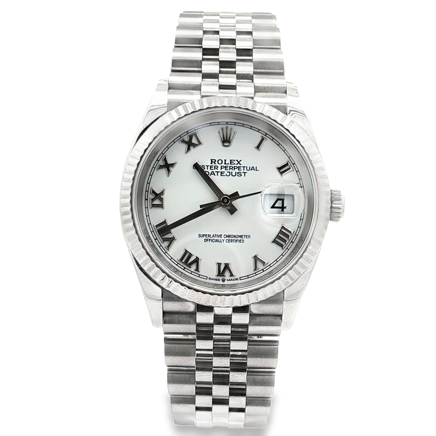 Pre Owned Rolex Datejust 36 White Roman Dial 126234 Fluted Bezel