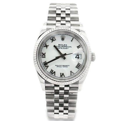 Pre Owned Rolex Datejust 36 White Roman Dial 126234 Fluted Bezel