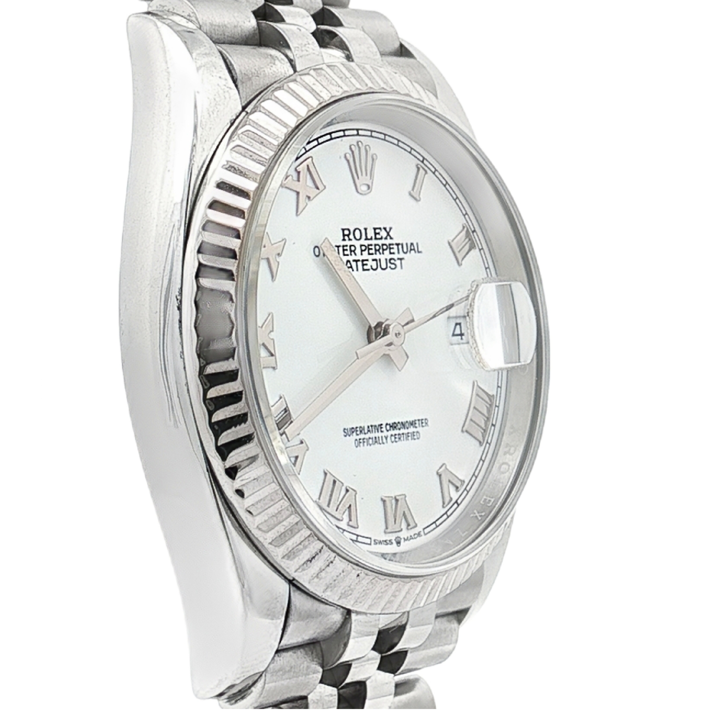 Pre Owned Rolex Datejust 36 White Roman Dial 126234 Fluted Bezel