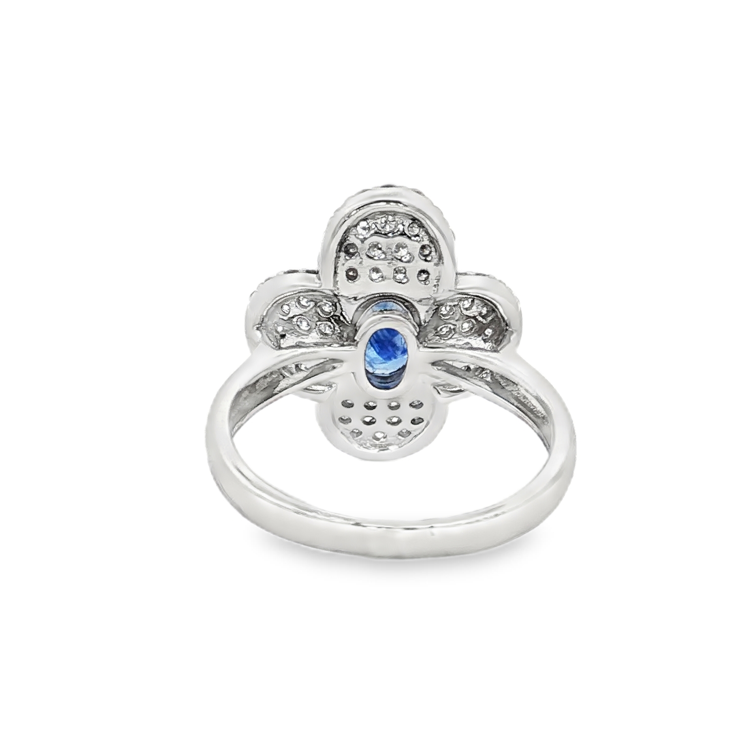 King Jewelers Blue Sapphire Floral Cocktail Ring with Diamonds 18K White Gold
