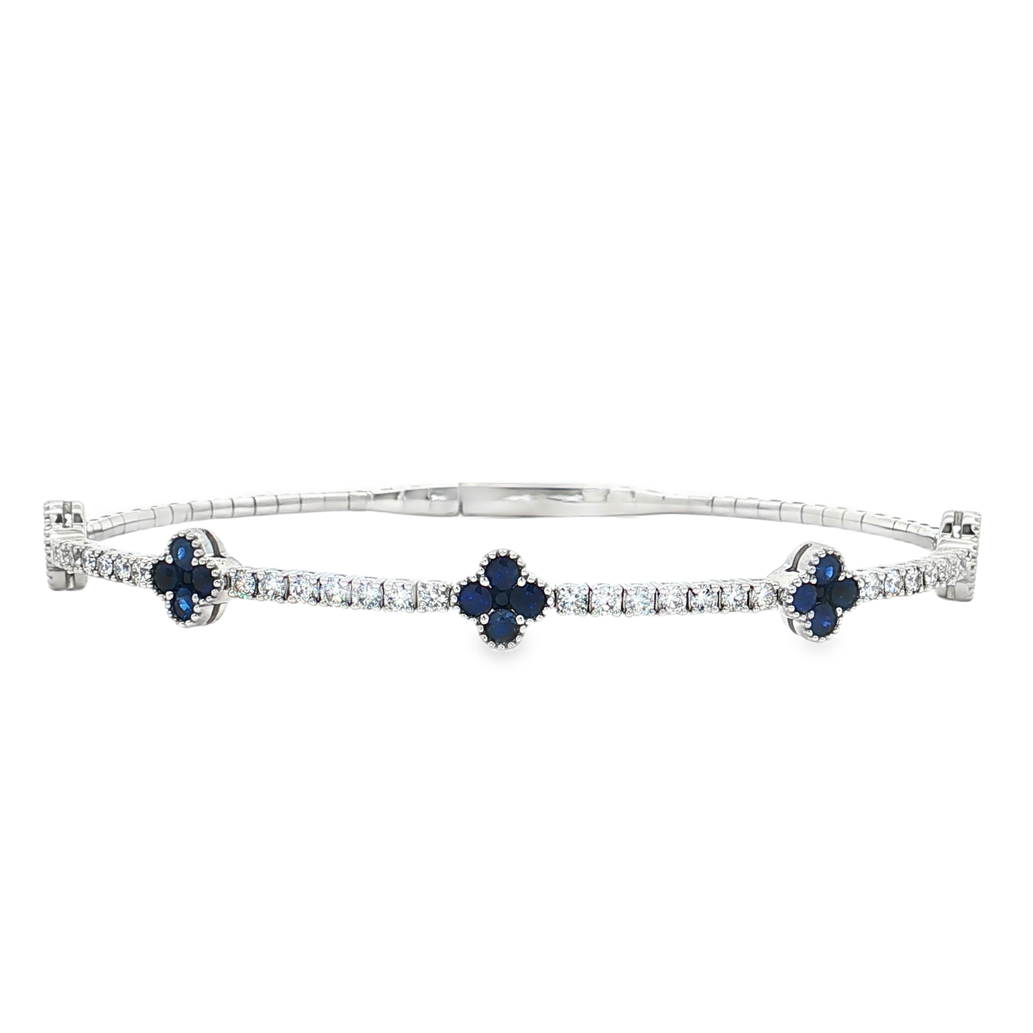 King Jewelers Blue Sapphire Clover and Diamond Bangle Bracelet 14K White Gold