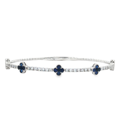 King Jewelers Blue Sapphire Clover and Diamond Bangle Bracelet 14K White Gold