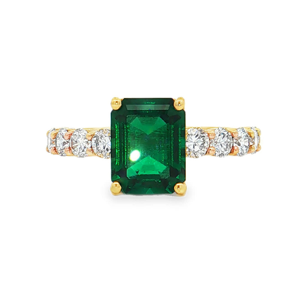 Ella Rose Emerald Cut Lab-Grown Emerald and Diamond Ring 14K Yellow Gold