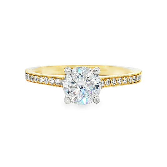 KJ5 18K Yellow Gold Half Pavé Round Diamond Engagement Ring Mounting