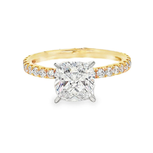 KJ5 14K Yellow Gold Cushion Cut Diamond Engagement Ring Mounting with Pave Band