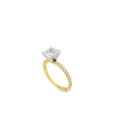 KJ5 14K Yellow Gold Cushion Cut Diamond Engagement Ring Mounting with Pave Band