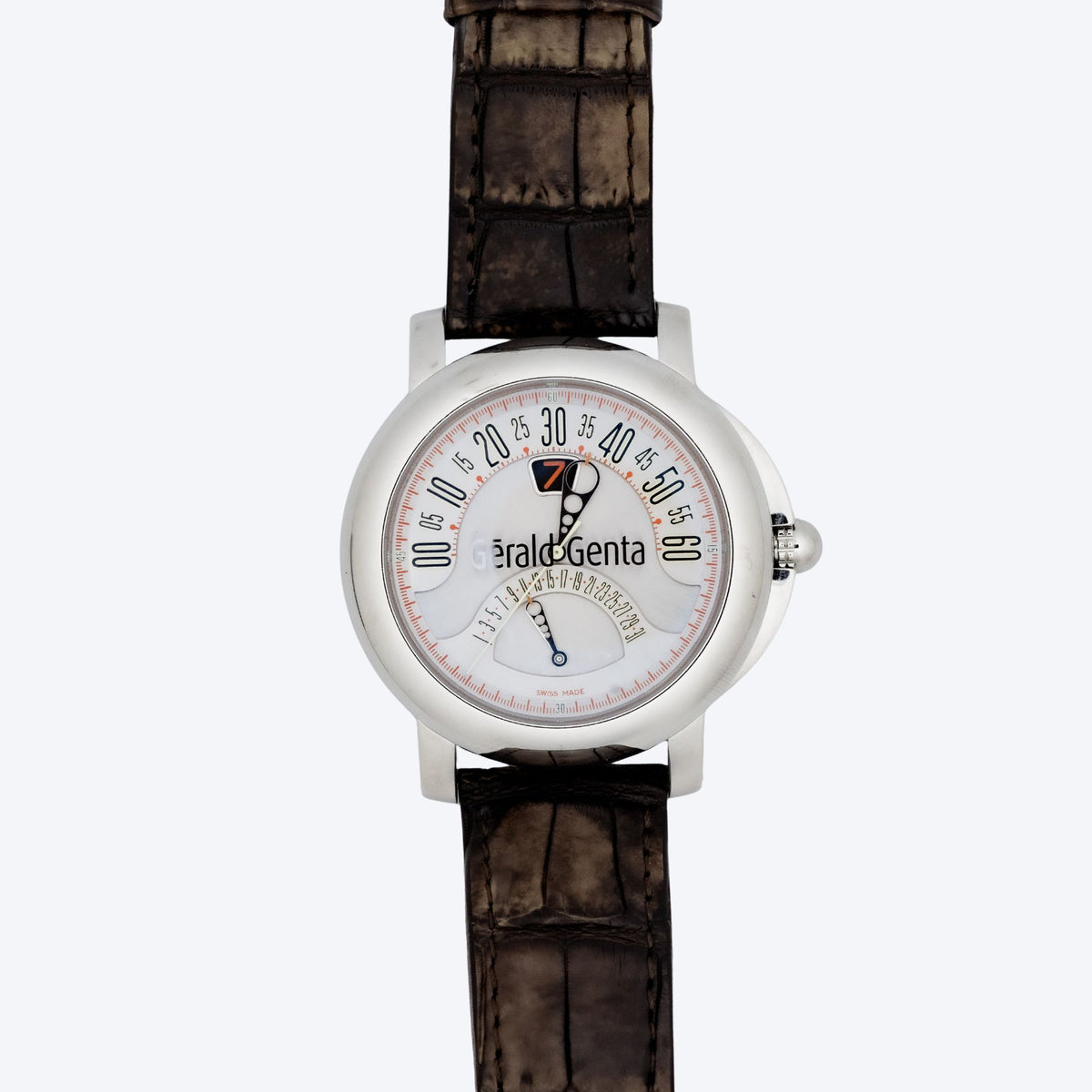 Pre Owned Gérald Genta Arena Bi-Retro 45mm Steel Watch with Silver Dial and Brown Leather Strap