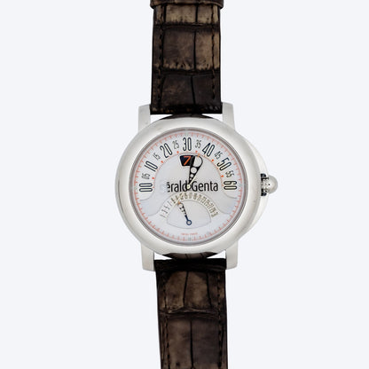 Pre Owned Gérald Genta Arena Bi-Retro 45mm Steel Watch with Silver Dial and Brown Leather Strap