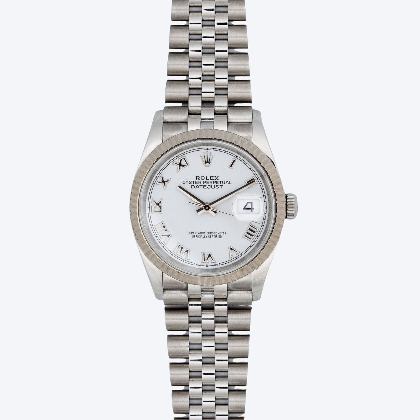 Pre Owned Rolex Datejust 36 White Roman Dial 126234 Fluted Bezel