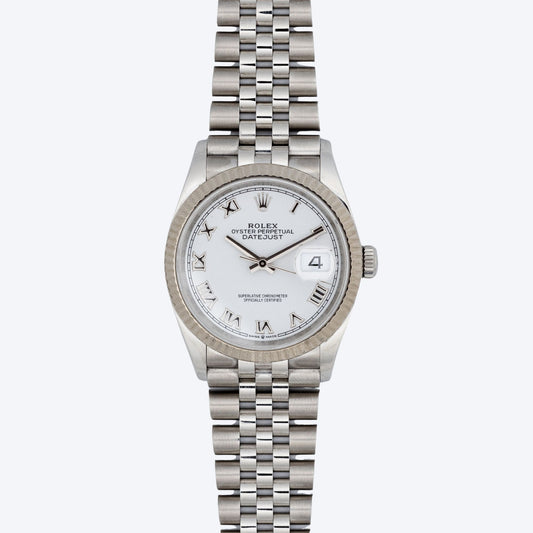 Pre Owned Rolex Datejust 36 White Roman Dial 126234 Fluted Bezel