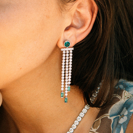 Ella Rose Geometric Lab-Grown Emerald and Diamond Chandelier Earrings 14K White Gold