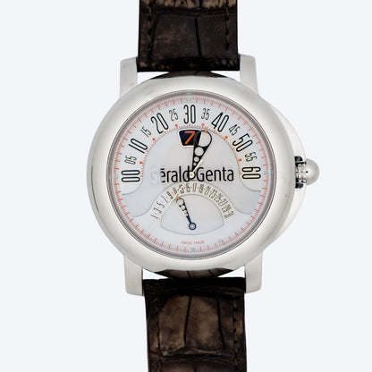 Pre Owned Gérald Genta Arena Bi-Retro 45mm Steel Watch with Silver Dial and Brown Leather Strap