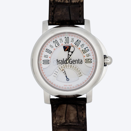 Pre Owned Gérald Genta Arena Bi-Retro 45mm Steel Watch with Silver Dial and Brown Leather Strap