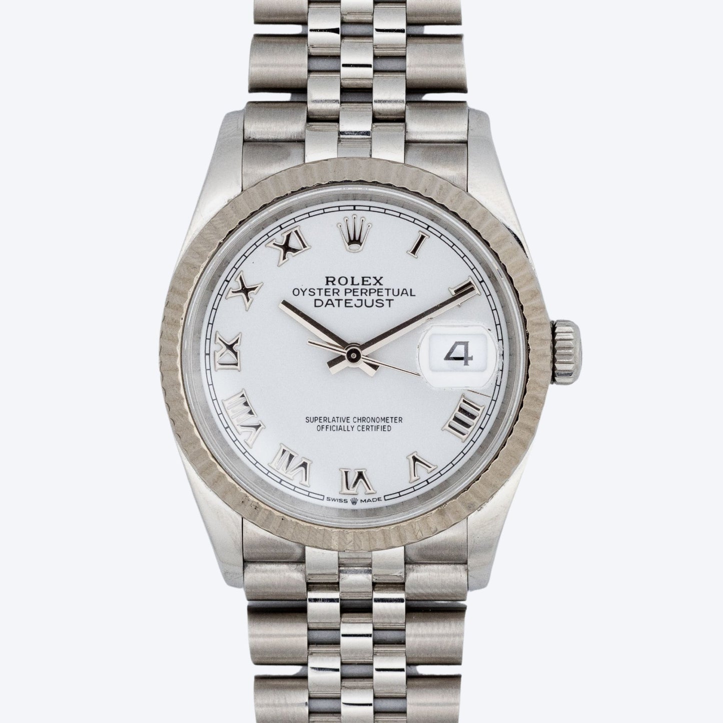 Pre Owned Rolex Datejust 36 White Roman Dial 126234 Fluted Bezel