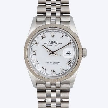 Pre Owned Rolex Datejust 36 White Roman Dial 126234 Fluted Bezel