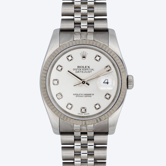Pre Owned Rolex Datejust 36mm Silver Diamond Dial Watch