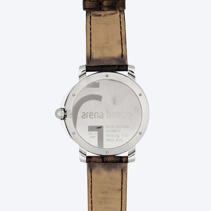 Pre Owned Gérald Genta Arena Bi-Retro 45mm Steel Watch with Silver Dial and Brown Leather Strap
