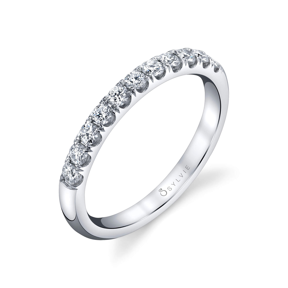 Sylvie 18K White Gold Classic Diamond Wedding Band with Shared Prongs