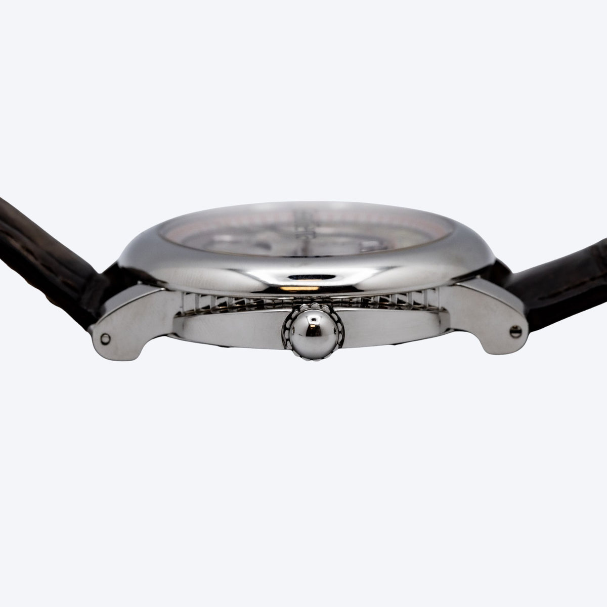 Pre Owned Gérald Genta Arena Bi-Retro 45mm Steel Watch with Silver Dial and Brown Leather Strap