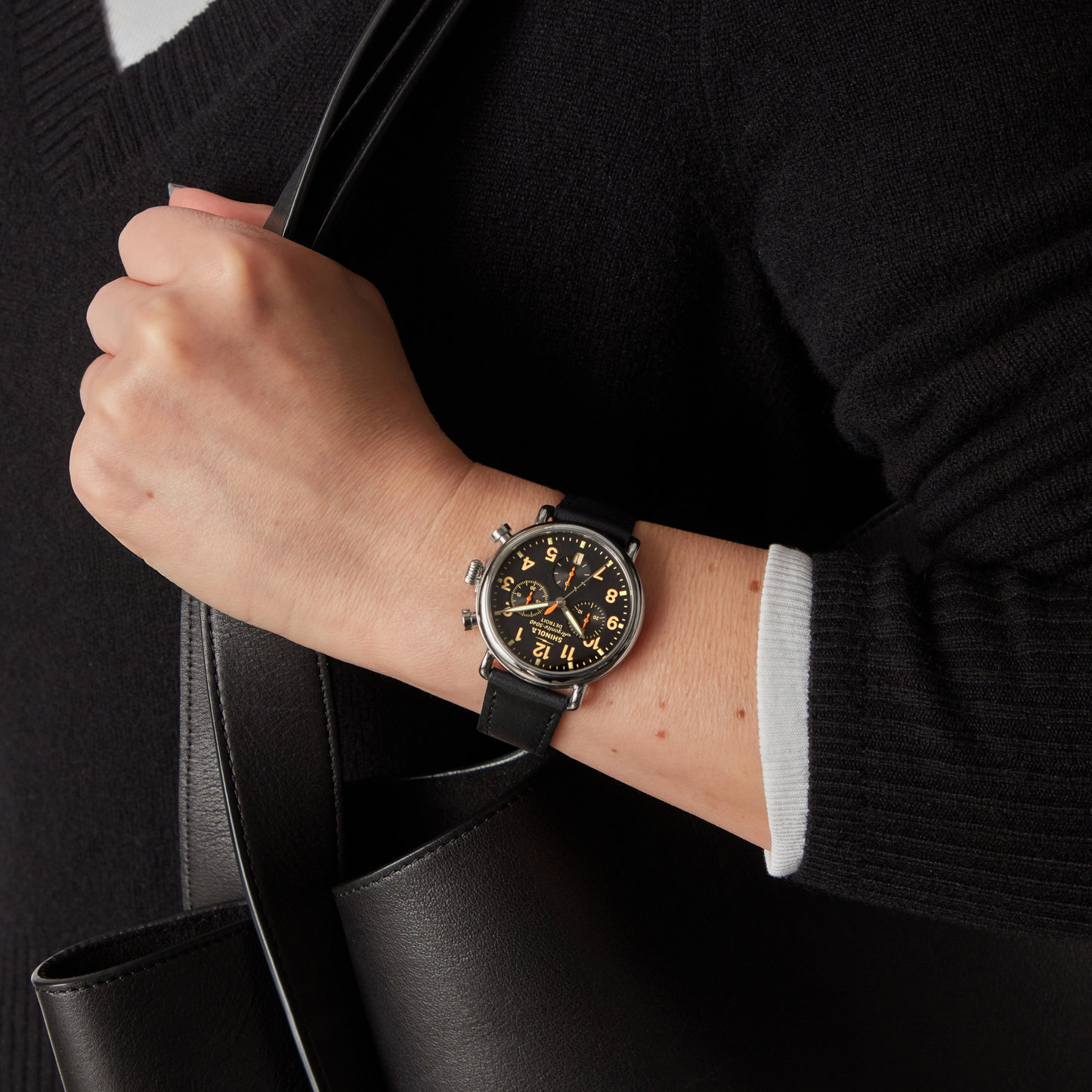 Shinola Runwell Chronograph 37mm Black Dial Leather Strap Watch