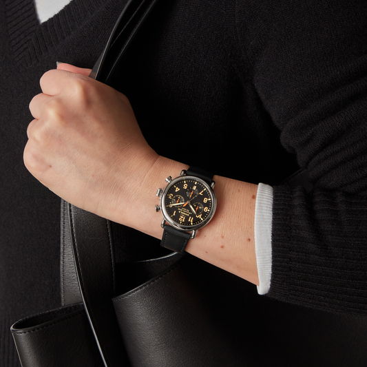 Shinola Runwell Chronograph 37mm Black Dial Leather Strap Watch
