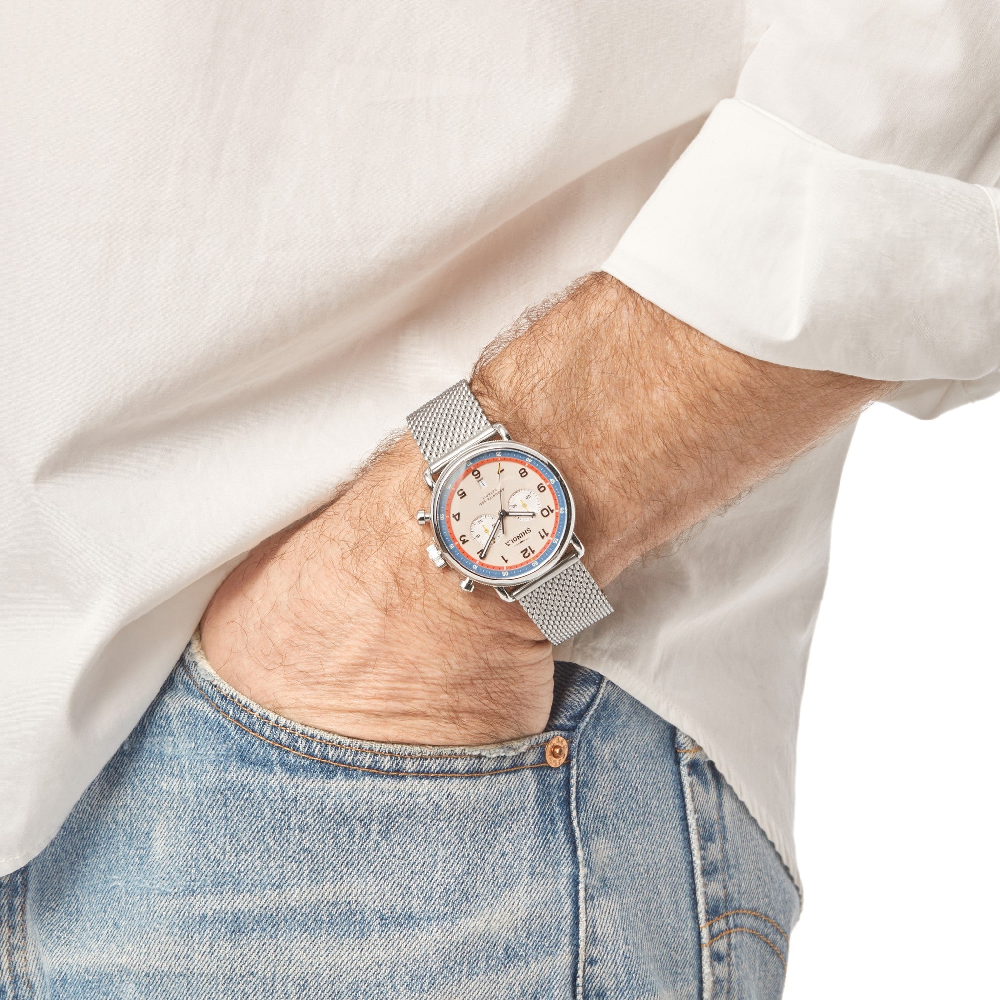 Shinola Canfield C56 Chronograph 43mm Cream Dial Mesh Bracelet