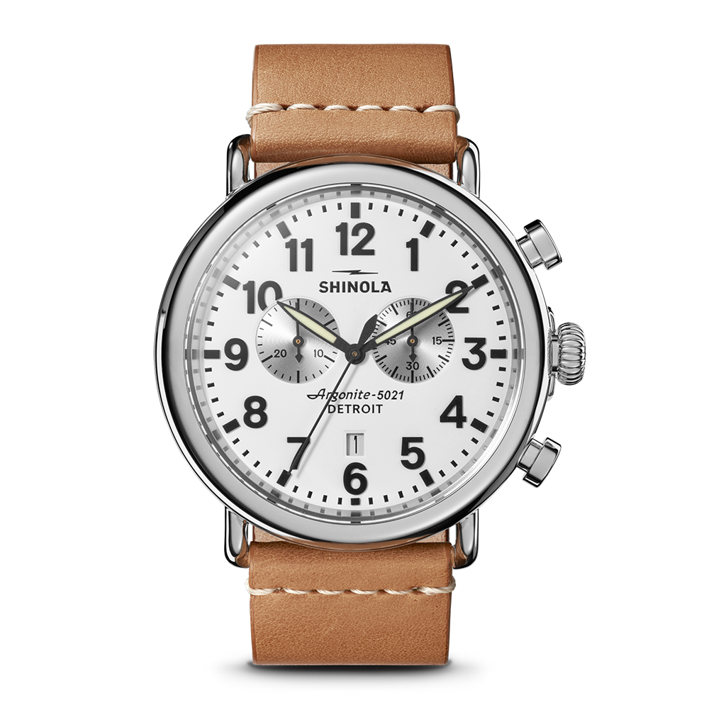 Shinola Runwell Chronograph 47mm White Dial Leather Strap Watch