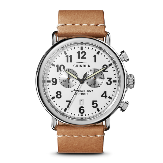 Shinola Runwell Chronograph 47mm White Dial Leather Strap Watch