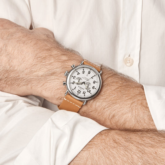 Shinola Runwell Chronograph 47mm White Dial Leather Strap Watch