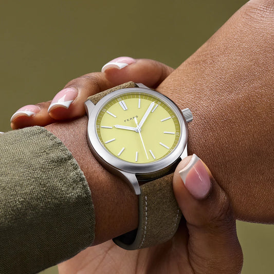 Fears Redcliff 39.5 Sherbert Yellow Dial Brown Alcantara® Strap Watch