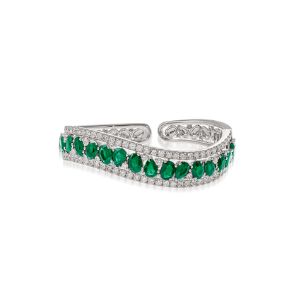 Butani Emerald Diamond Cuff Bracelet 18K White Gold