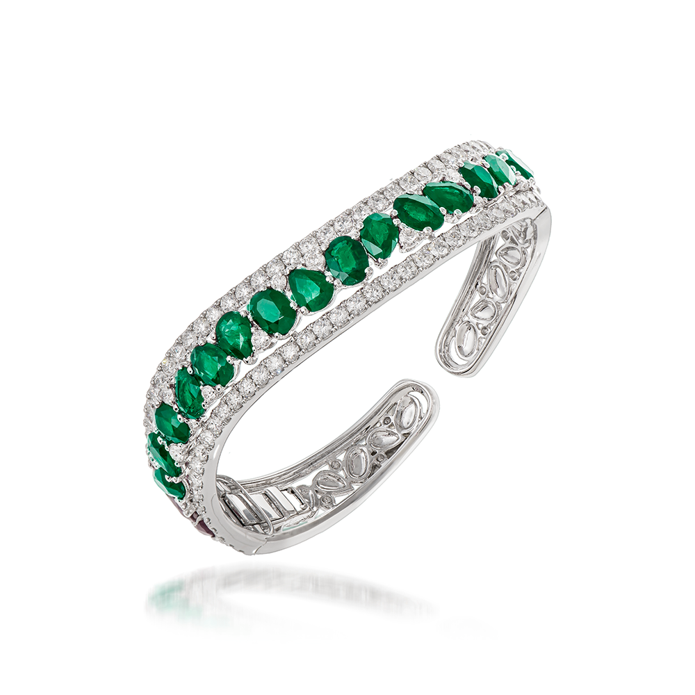 Butani Emerald Diamond Cuff Bracelet 18K White Gold