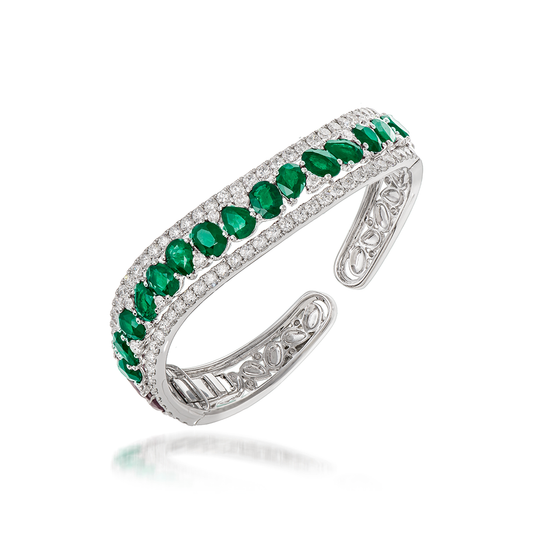 Butani Emerald Diamond Cuff Bracelet 18K White Gold