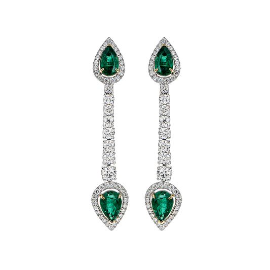 Butani Pear Emerald Diamond Drop Earrings 18K White Gold