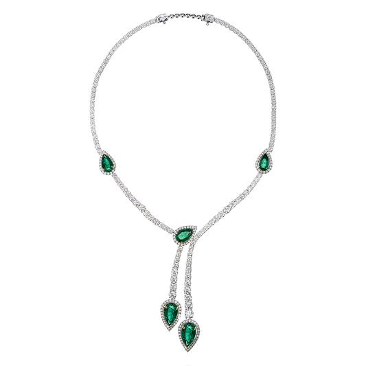 Butani Pear Emerald Diamond Necklace 18K White Gold