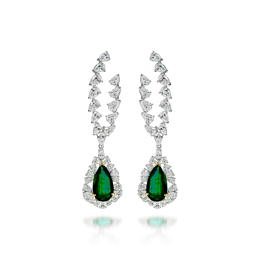 Butani Pear Emerald Diamond Drop Earrings