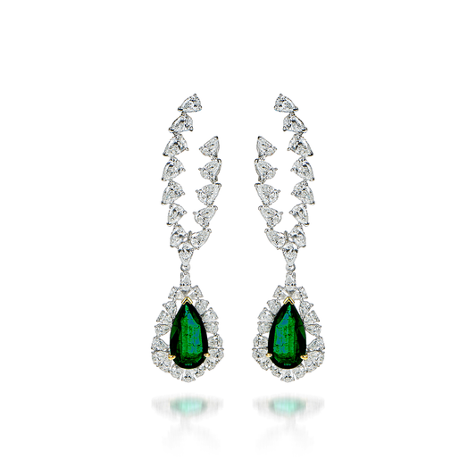 Butani Pear Emerald Diamond Drop Earrings