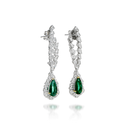 Butani Pear Emerald Diamond Drop Earrings